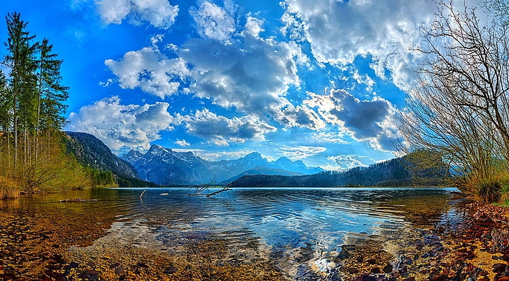 body of water, nature, landscape, mountains, trees, clouds, lake