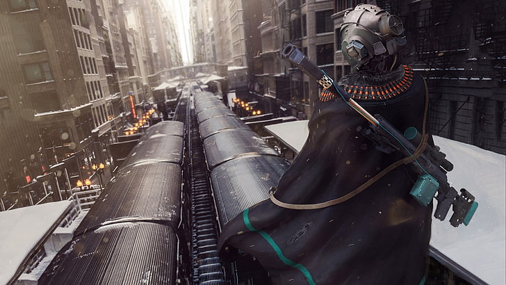 digital videogame wallpaper, person wearing black robe on top of black train during daytime
