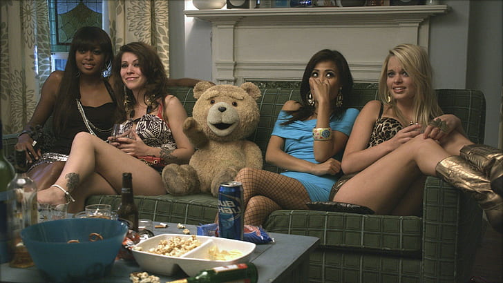 teddy bears ted movie blonde brunette legs beer, sitting, group of people