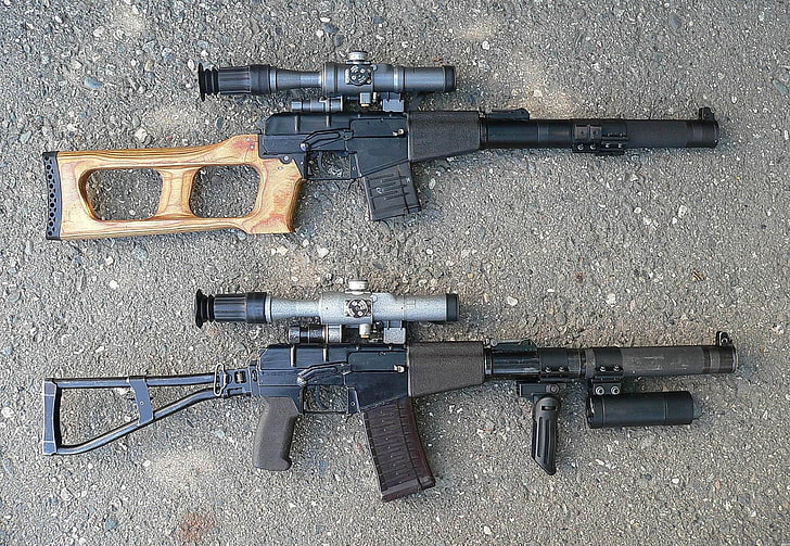 two black-brown-gray assault rifles, asphalt, weapons, optics