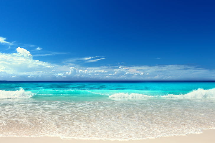 Seascape, Ocean, blue, beach, sunshine, HD wallpaper