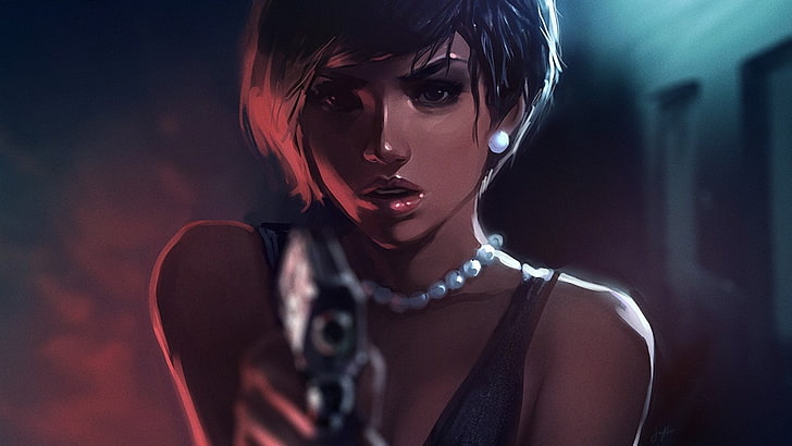 female character holding gun digital wallpaper, woman holding hand gun illustration