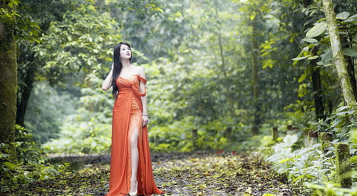 Woman Artistic Photography, women's orange sweetheart neckline side-slit gown