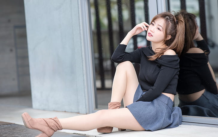 sitting, legs, reflection, Asian, women, HD wallpaper