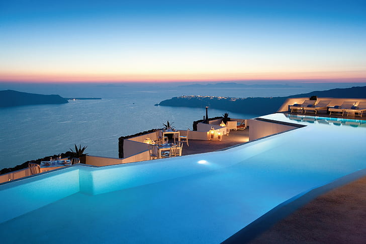 Greece, restaurant, hotel, landscape, sea, island, swimming pool, HD wallpaper
