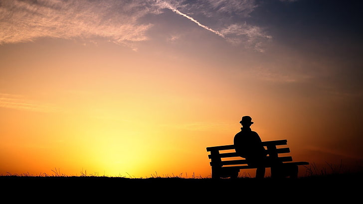 silhouette photography of person sitting on bench photo, nature, HD wallpaper