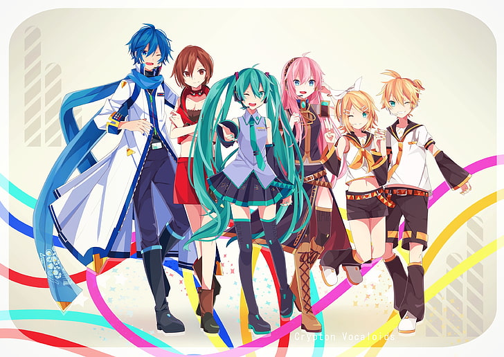 Vocaloid characters illustration, girls, anime, headphones, art, HD wallpaper
