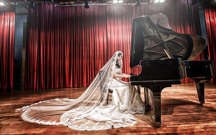 Asian girl, bride, white dress, piano, music