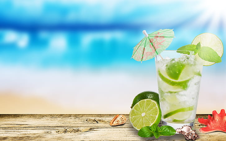 Mojito Cocktail, clear drinking glass, lime, mint, ice, HD wallpaper