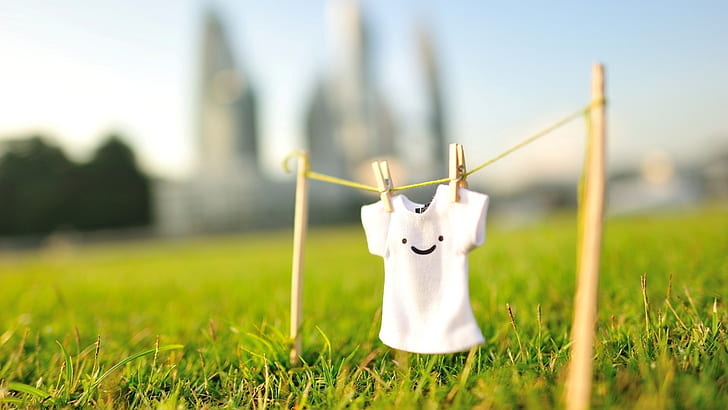 Smile, Clothes, Clothesline, Grass, Photography, white miniature shirt, HD wallpaper