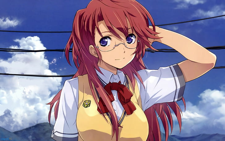 anime anime girls glasses meganekko redhead purple eyes school uniform ano natsu de matteru takatsuki ichika, HD wallpaper
