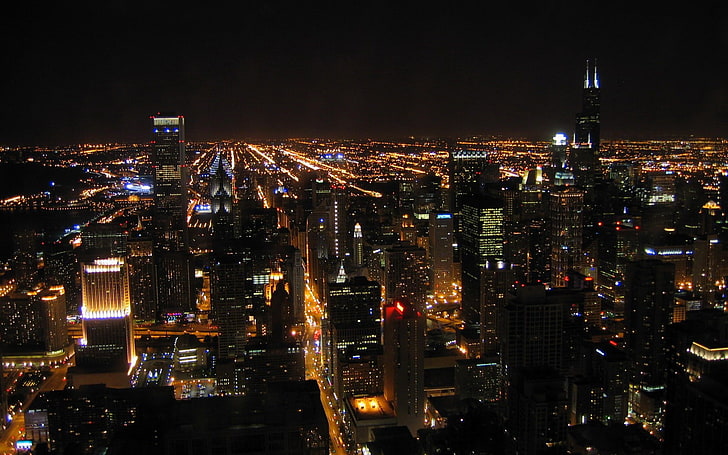 aerial view of buildings, cityscape, night, New York City, city lights