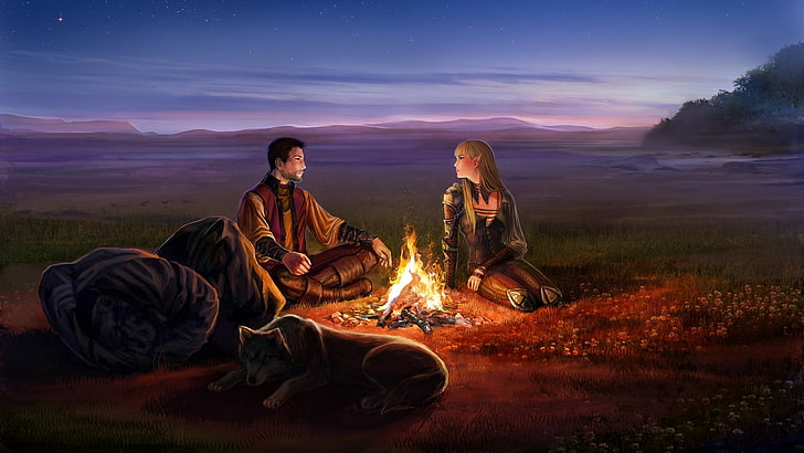 woman and man in front of bonfire painting, girl, night, flame