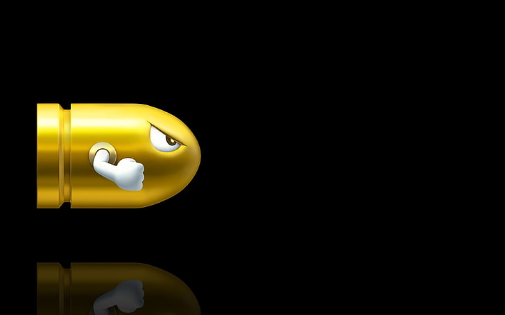 gold Bullet Bill from Super Mario, Mario Bros., video games, simple background