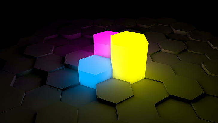 3d, blocks, blue, pink, yellow, dark, abstract, hexagon, shining
