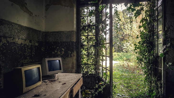 two gray CRT computer monitors, nature, abandoned, obsolete, indoors, HD wallpaper