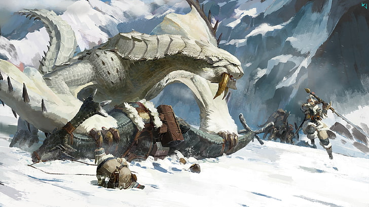 painting of white creature with fang, video games, Monster Hunter