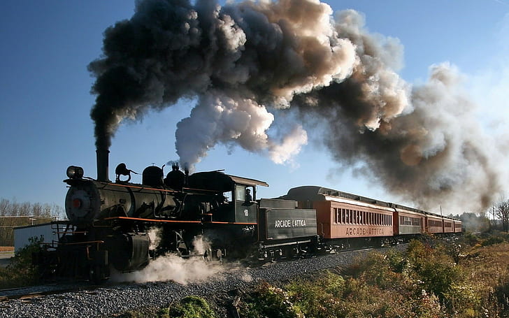 Railway, Train, Vehicle, Steam Locomotive, Smoke, Trees, Plants, New York State, USA, Men, Rail Yard, black and brown charcoal train