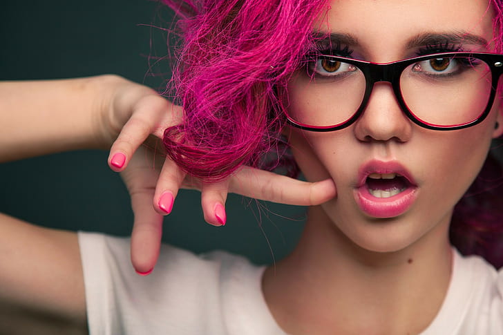 model, makeup, dyed hair, glasses, painted nails, women with glasses