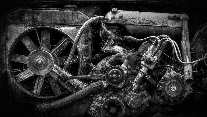 black background engines gears technology wheels pipes fans metal monochrome skoda rust vehicle wreck, HD wallpaper