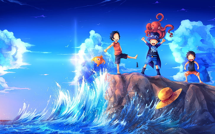 Sabo, Luffy, and Ace near ocean illustration, anime, One Piece
