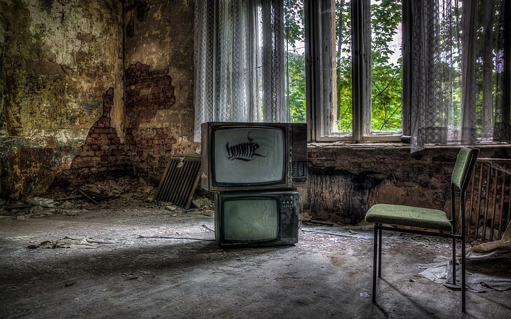 chair, ruin, abandoned, TV, HDR, old, obsolete, damaged, run-down, HD wallpaper