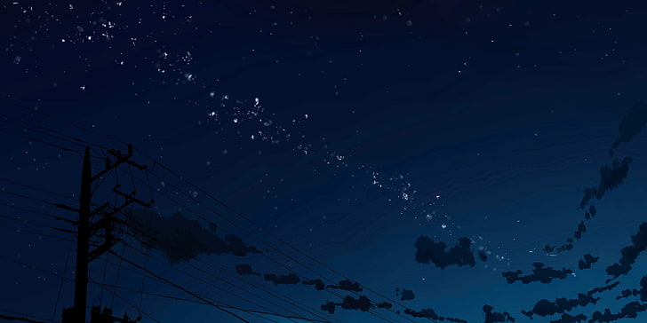 power lines, sky, anime, artwork, night, cable, star - space