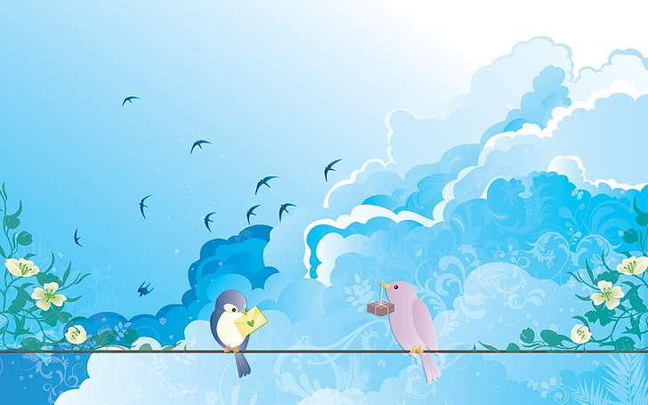 blue bird illustration, swallow (bird), sky, animals, artwork