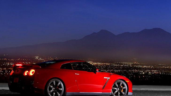red coupe, Nissan, Nissan GT-R, night, car, red cars, lights