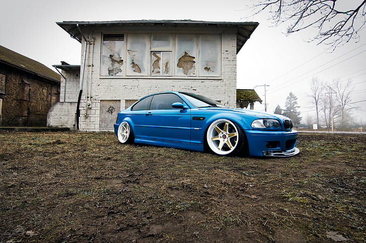 BMW, E46, blue, blue coupe, M3, wheels, tuning, HD wallpaper