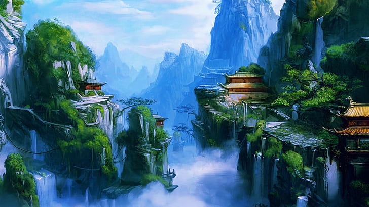 1920x1080 px art Asian buildings castles fantasy fog landscapes mountains Oriental rivers spray wate Video Games Other HD Art