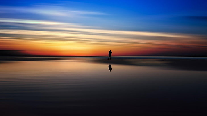 horizon, sky, calm, afterglow, sunset, human, water, reflection
