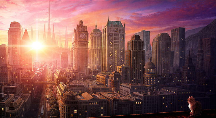 Sun Rise Over The City, picture, sunris, 2012, 3d and abstract, HD wallpaper