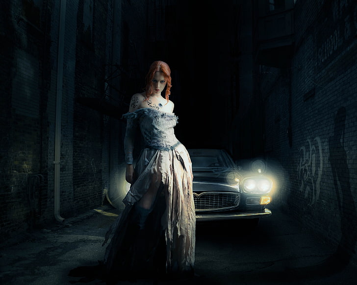 women with cars, night, one person, adult, mode of transportation