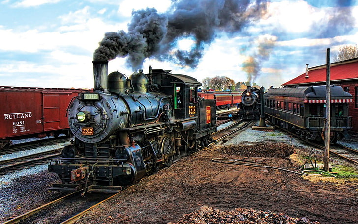 train crossing railway, vintage, steam locomotive, vehicle, rail transportation