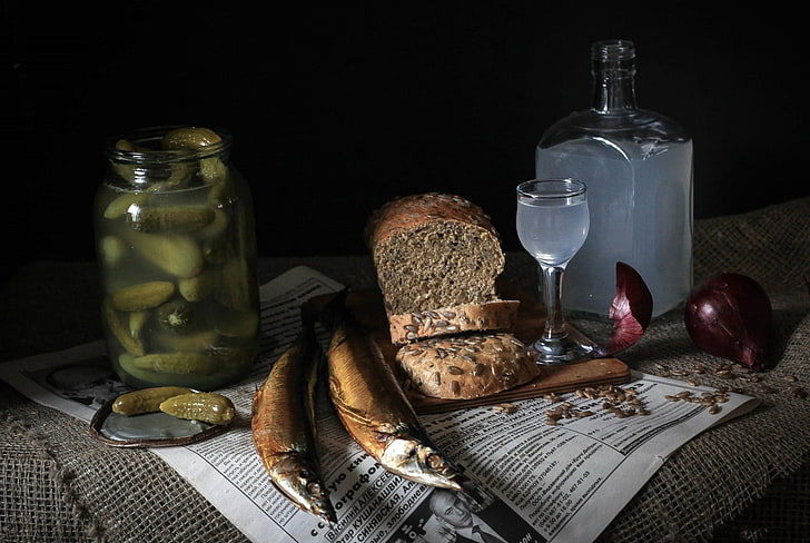 clear wine glass and baked bread, FISH, CUCUMBERS, BOW, VODKA