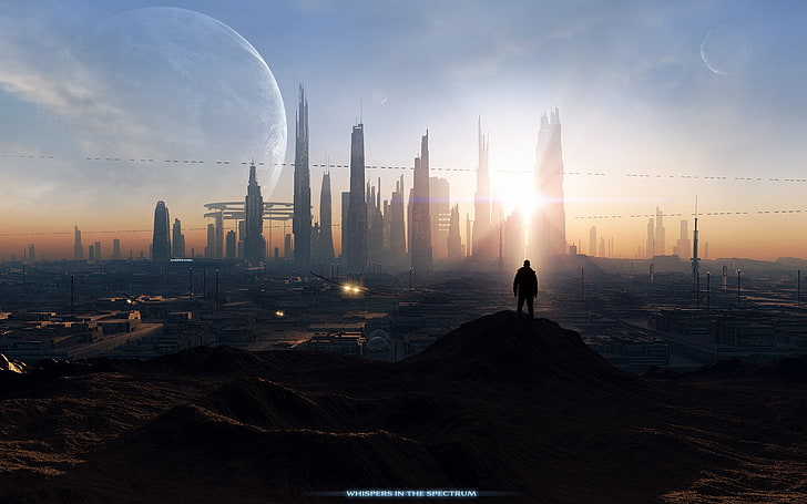 science fiction, people, planet, digital art, futuristic city