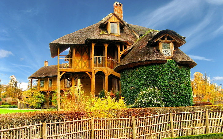 brown wooden house, landscape, built structure, architecture, HD wallpaper