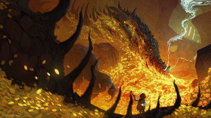 fantasy art, Smaug, Bilbo Baggins, dragon, The Hobbit, HD wallpaper