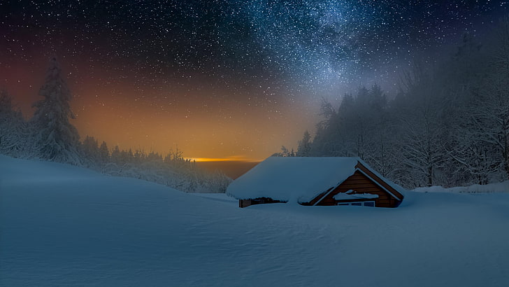 snowy, nature, winter, freezing, sky, starry, milky way, light, HD wallpaper