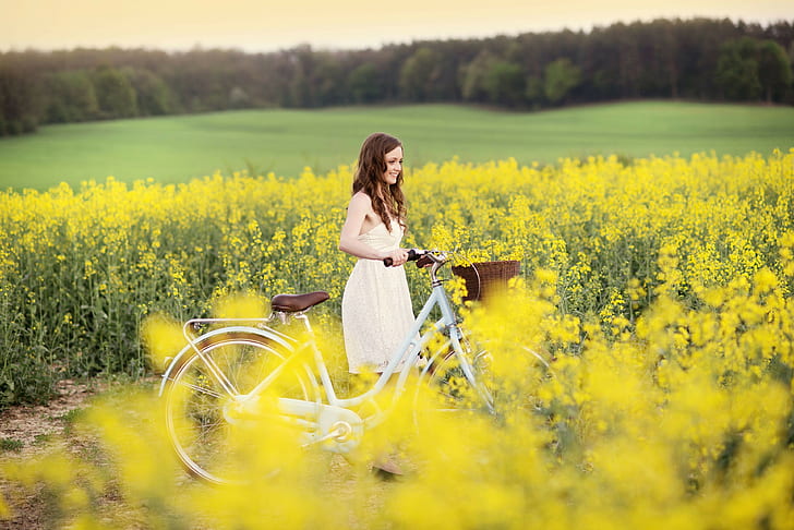 women, model, bicycle, field, yellow flowers, Rapeseed, women with bicycles, HD wallpaper