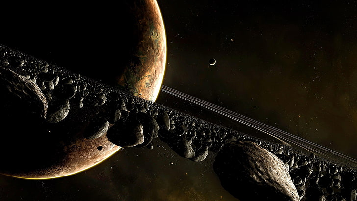 planetary ring, ringed planet, darkness, universe, outer space, HD wallpaper