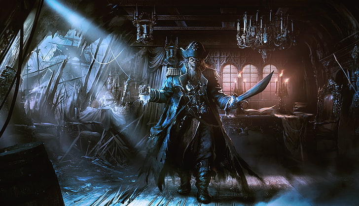 pirate holding sword wallpaper, skeleton, captain, cabin, saber, HD wallpaper