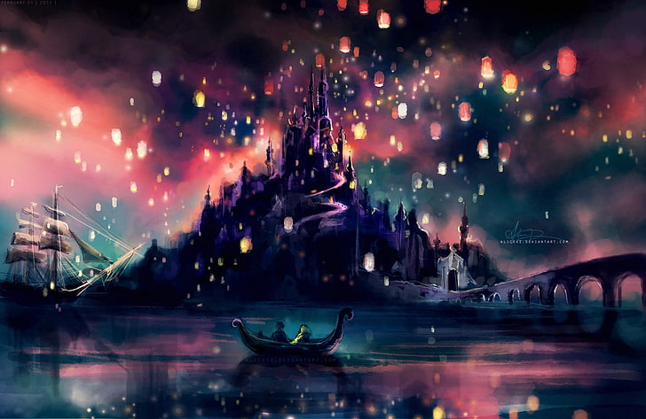 person riding boat in front of castle digital wallpaper, Tangled, HD wallpaper