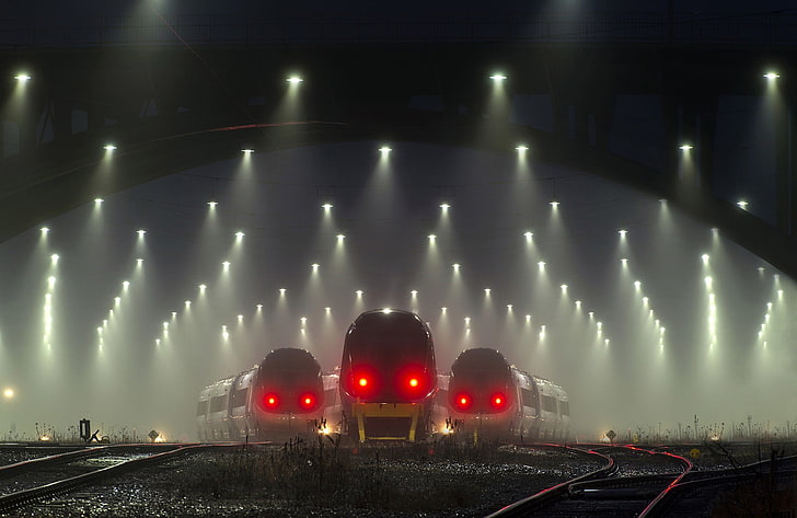 gray trains wallpaper, mist, transport, railway, lights, Denmark, HD wallpaper