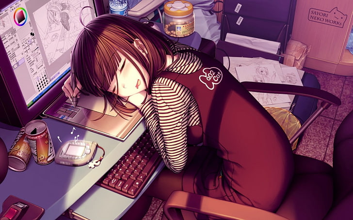 drawing, sleeping, Sayori, table, food and drink, technology