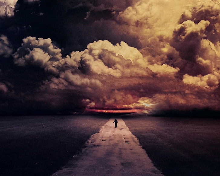 white and gray clouds, road, sky, digital art, cloud - sky, one person