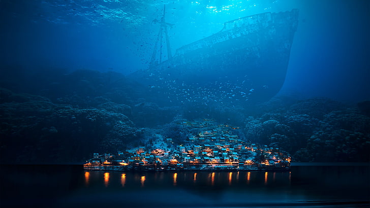 sink ship wallpaper, untitled, underwater, shipwreck, abyss, fish, HD wallpaper