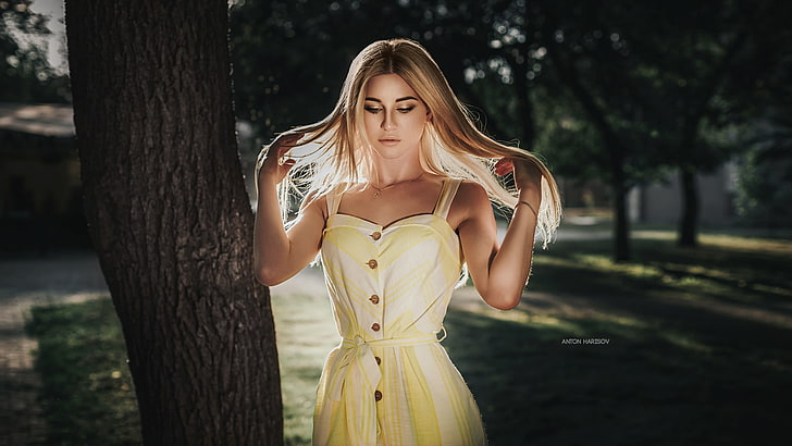 women, Anton Harisov, yellow dress, blonde, trees, portrait