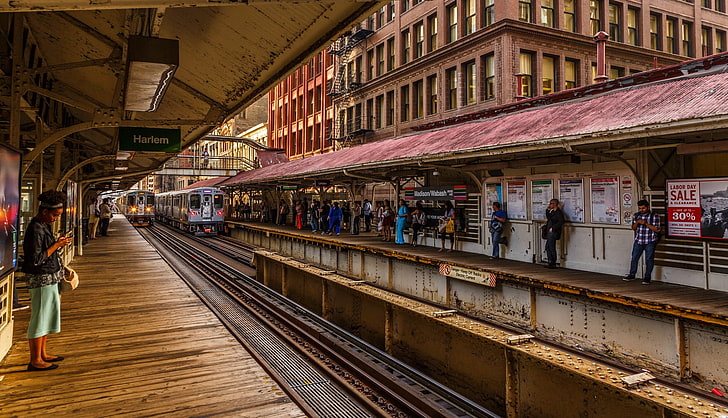 women's black top, subway, Chicago, HDR, train, city, people